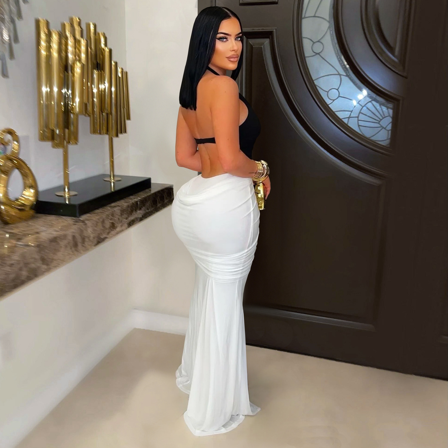 C7573 Aliexpress transfronterizo amazon ropa de moda europea y americana de mujer sexy v collar brazo bifurcado vestido de espalda