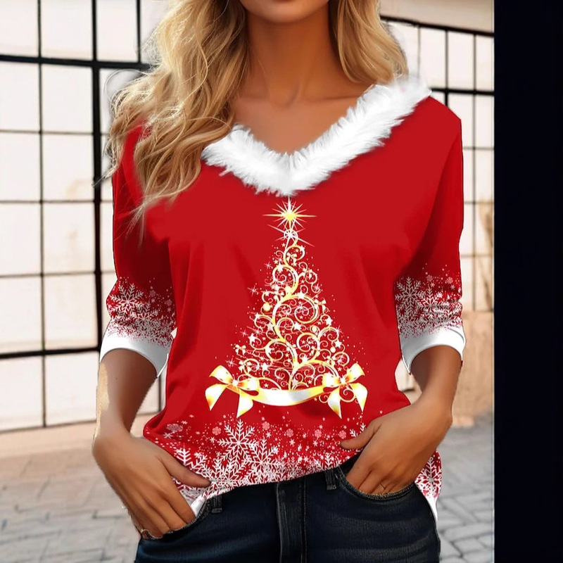 Cross-Border Amazon 2025 Christmas Women's Tops Autumn Tops Autumn and Winter Long-Sleeved V Neck Pullover Women's T-Shirts