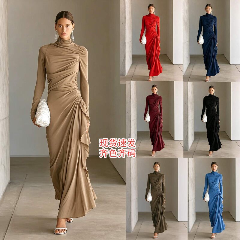 2026 Cross-border Women's European and American Style High-neck Pleated Slim-fit Dress with Elegant Draping Effect, Long-sleeved Bodycon Gown 2026 Cross-border Women's European and American Style High-neck Pleated Slim-fit Dress with Elegant Draping Effect, Long-sleeved Bodycon Gown