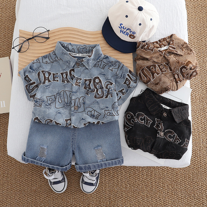 Boys Summer Thin Shirt Suit 2025 New Children's Casual Summer Clothes Handsome Printed Short-Sleeved Two-Piece Wholesale