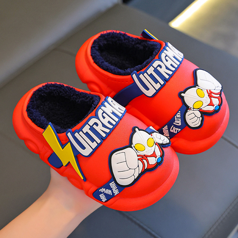 2024 nuevo invierno Ultraman zapatillas de algodón para niños impermeables calientes de peluche para niños pequeños y grandes zapatillas de algodón para niños pequeños