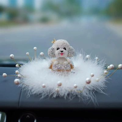 Women's high-end car decoration: Car ornaments - crown-diamond-teddy-dog-round-pearl-cushion-white