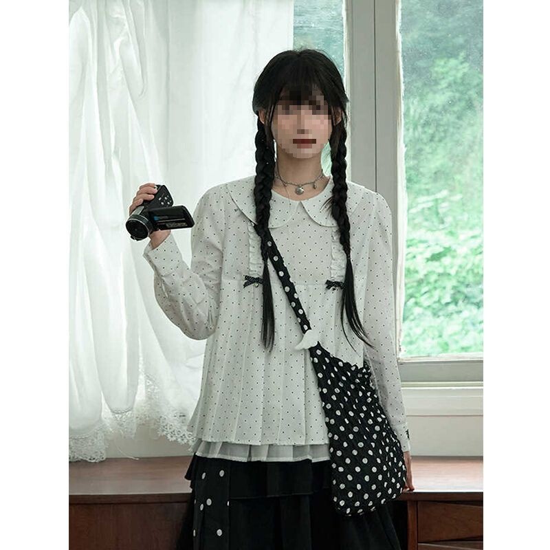 法式宽松休闲少女感娃娃领波点衬衫上衣+蝴蝶结系带半裙两件套女|undefined