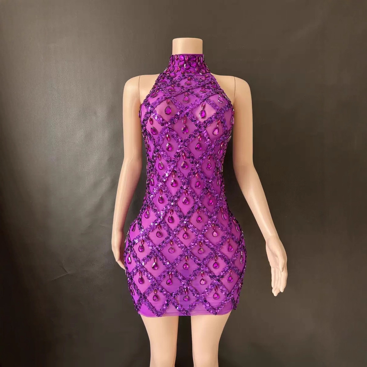 European and American Cross-Border Rhinestone High-Neck Sleeveless Mesh Stretch Slim-Fit Evening Dress Short Skirt Sexy Party Dress