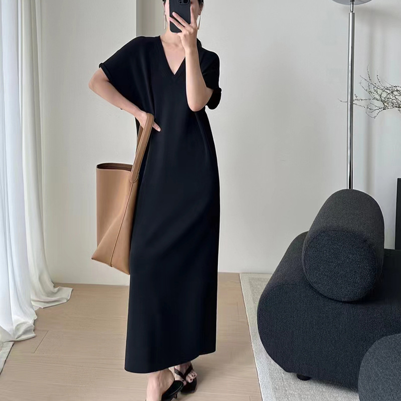 Summer new draping fabric loose T-shirt dress elegant V-neck long knitted dress live broadcast delivery