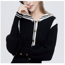 寶麗卓雅2022秋新款甜美黑白撞色海軍領長袖針織衫女開衫短款上衣