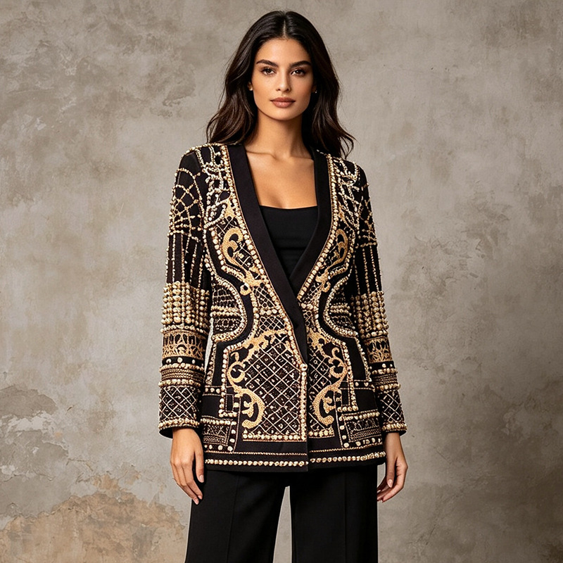 2026 Summer New Style Palace-Style Heavy-Duty Printed Beaded V-Neck Mid-Length Single-Button Blazer for Women 2026 Summer New Style Palace-Style Heavy-Duty Printed Beaded V-Neck Mid-Length Single-Button Blazer for Women