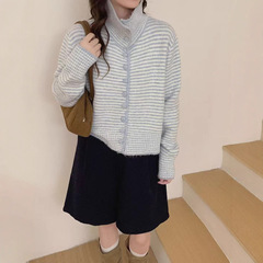 韩版拼色条纹毛衣外套女2025秋冬新款慵懒风柔软粗织翻立领开衫