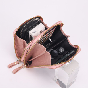 Double Pull Touch Screen Mobile Phone Bag Shoulder Crossbody Bag Square Lychee Pattern Pu Leather Small Satchel Purse Spring New