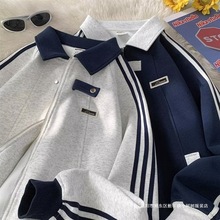 外贸批发日系运动三条杠开衫卫衣男潮牌便宜青年宽松撞色翻领外套