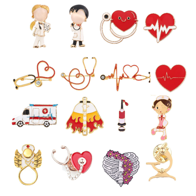 European and American Cross-Border Popular Medical Series Metal Enamel Brooch Stethoscope Electrocardiogram Male and Female Doctors and Nurses Badges