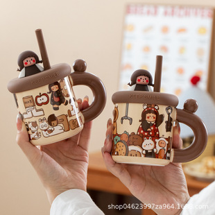 New Game Girl Straw Cup with Lid, Cute Cartoon Girl Ceramic Mug, Nice Gift Water Cup