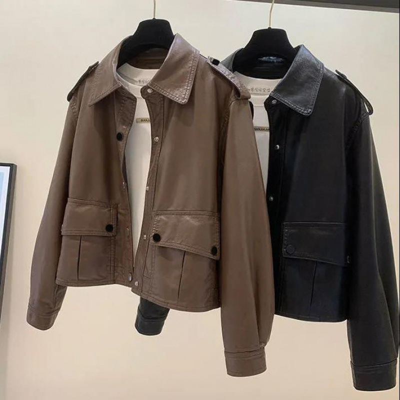 European 2024 Spring and Autumn New Casual Short Leather Coat Women's Petite Age-reducing All-match Slimming Jacket Top