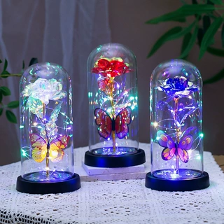 永生花玻璃罩金箔玫瑰花彩金仿真花生日礼物情人节母亲节摆件跨境