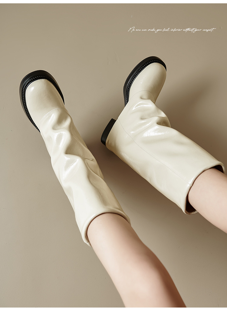 Boot nữ da thật cổ cao gót chunky đế xuồng màu trắng, kiểu dáng ôm chân, mùa thu đông — Lớp lót nhung đen, Lớp lót đơn màu trắng nhạt, Lớp lót đơn màu xám, Lớp lót nhung màu xám chi tiết 19