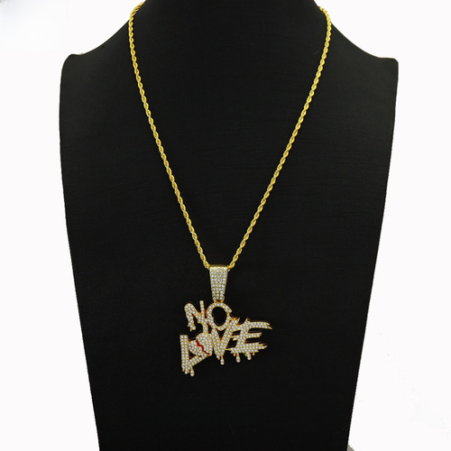 European and American Hip-Hop Style Full Diamond Splicing Letter Heart Pendant Lockchain Broken Letter NO LOVE Cuba Trend Necklace