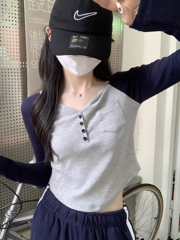 韩系小个子v领长袖T恤女装秋季新款撞色插肩修身内搭正肩短款上衣|undefined