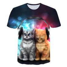 2021歐美夏裝新款3D印花男女短袖T恤奇怪的動物貓圖案男式上衣