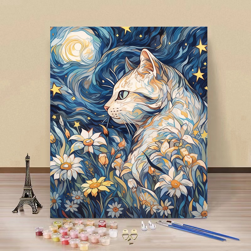 Pintura por números “Gato Estrellado” — arte DIY de fábrica al por mayor, estilo Van Gogh, flores y paisajes hechos a mano