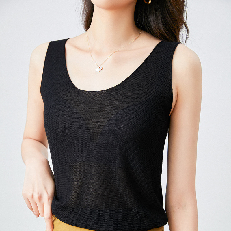 夏冰丝针织V领粘纤修身型休闲纯色吊带型拼接黑色透气小背心女|ru