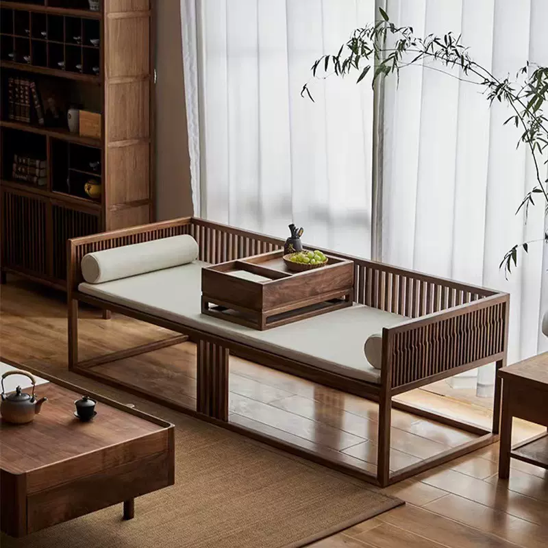 新中式罗汉床小户型北美黑胡桃木家用推拉实木沙发家具客厅沙发榻
