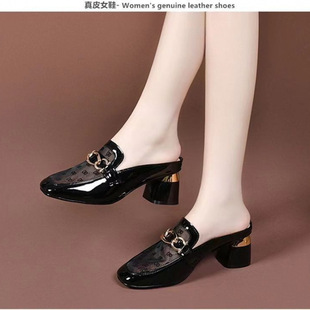 Mesh Cut Out Toe-Cap Loafers for Women 2024 Summer New Style Mid-Heel Fashion Slip-On Slip-Ons for Outer Wear Slippers