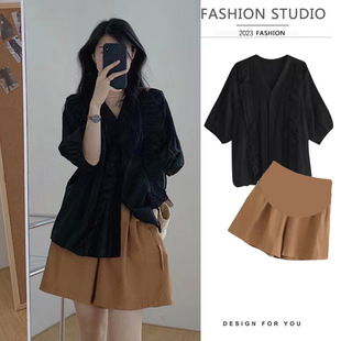 Maternity Suit, Summer Casual Commuting Shirt, Belly-Supporting Wide-Leg Shorts Two-Piece Set
