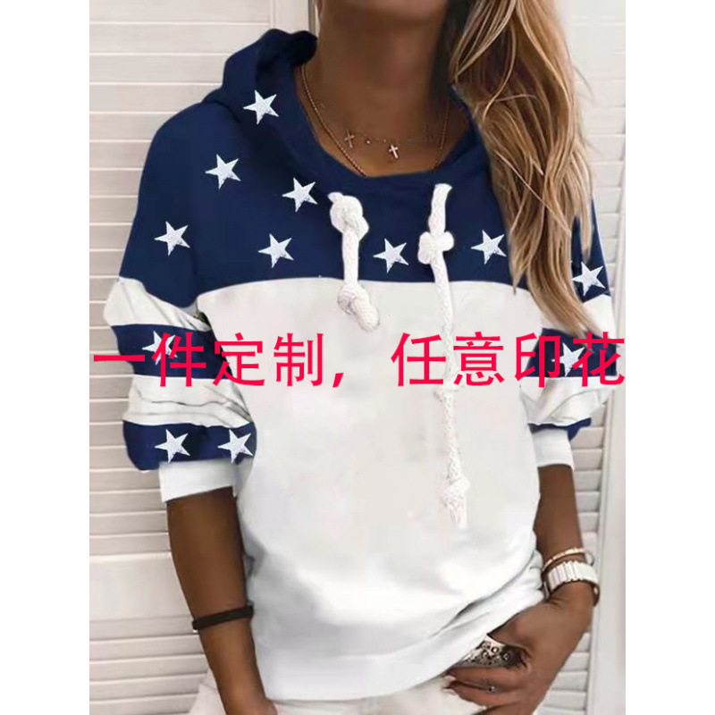 2023 外国貿易新アメリカ国旗独立ステーション要素シリーズクロスボーダーブランドンプリントフード付きスウェットシャツ女性用|undefined