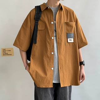 严选夏季冰感短袖衬衫男宽松日系工装风纯色半袖衬衣潮牌休闲外套
