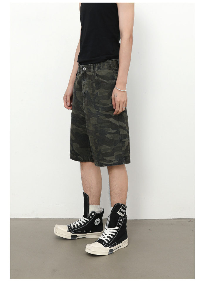Quần short nam denim họa tiết rằn ri phong cách công sở đi biển — Màu trắng, Màu đen, Màu đất gỉ sét, Ngụy trang màu mơ chi tiết 8