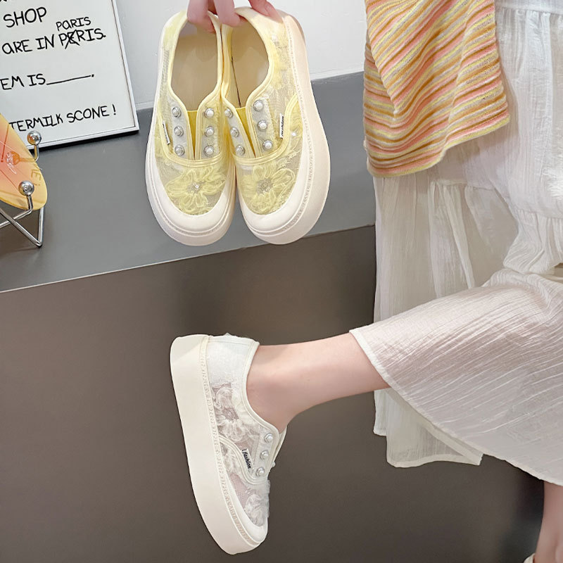 Breathable White Shoes Women's Lace Fisherman Shoes Mesh Top Fashionable Thick-soled Trendy All-match Casual Shoes Slip-on Lazy Shoes