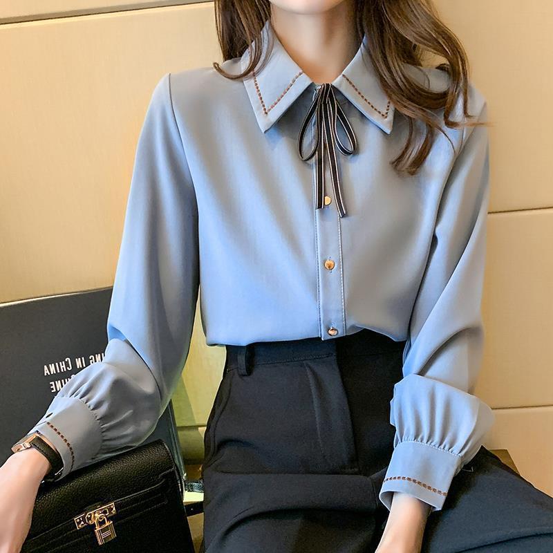 2025 New Chiffon Shirt Top with Bow Tie Lapel Shirt Women's Versatile Shirt Long-Sleeved Bottoming Shirt