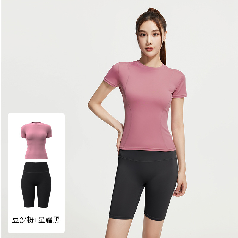 Juyi Tang verano yoga camisa de mangas cortas para mujeres delgada secado rápido y transpirable ajuste deportivo para correr y fitness set