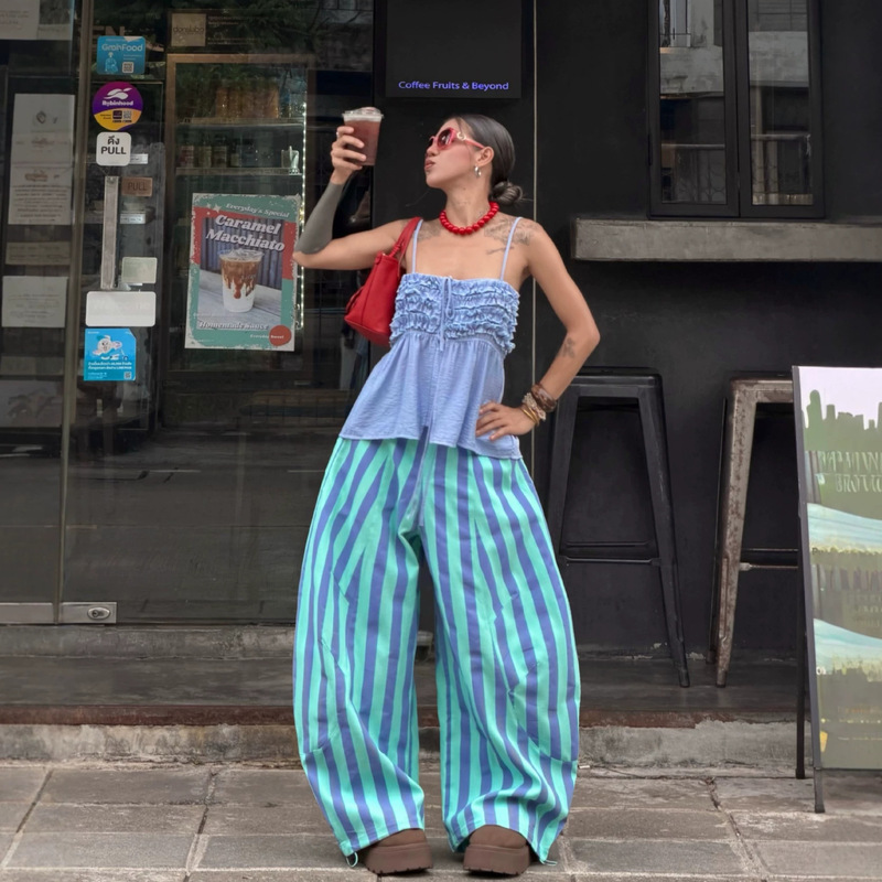 Independent Website Hot-Selling European and American Cross-Border Ins-Style Striped Women's Street Fashion Long Pants Y2K Loose Fashion Waist-Cinching Wide-Leg Pants