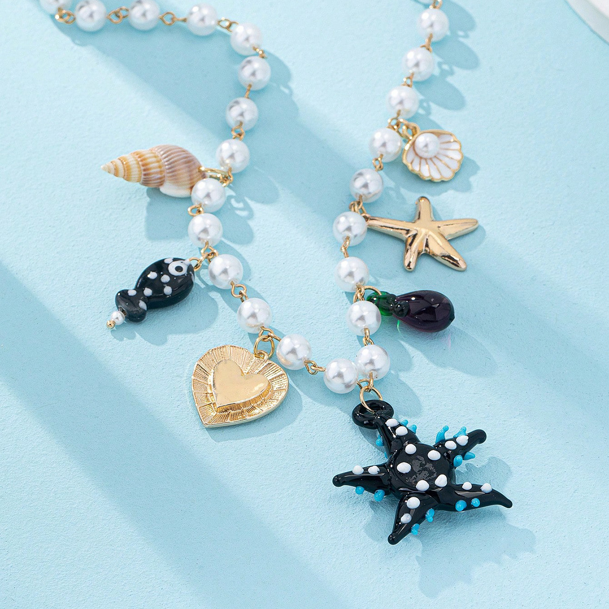 Casual, Beach, Date Occasion Beach Sweet Starfish Heart Shape Fish Imitation Pearl Alloy Ceramics Handmade Chain Lobster Trigger Clasp Closure Pendant Necklaces Wholesale