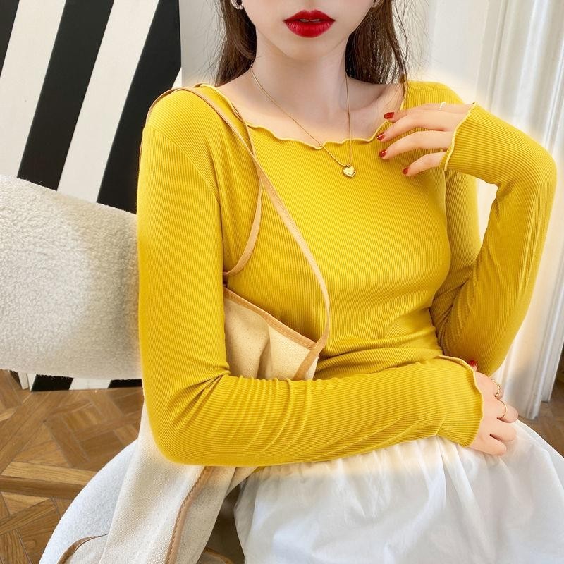 Color caramelo de madera oreja de manga larga Camiseta para mujer primavera nuevo desgaste interior Delgado estudiante color sólido fondo camisa ins top