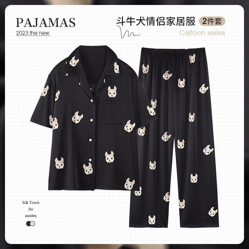 Zhou Shen and Bai Lu's Same Style Couple Pajamas for Women, Spring and Summer Ice Silk Short-Sleeved Trousers, Spring and Autumn Silk Men's Home Clothes