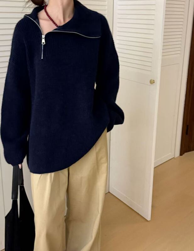 欧货重工设计感女装斜肩拉链高领毛衣女中长款慵懒加厚套头针织衫|undefined