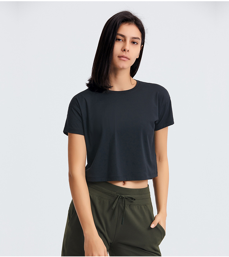 solid color round neck short sleeve loose crop T-shirt NSDQF127347