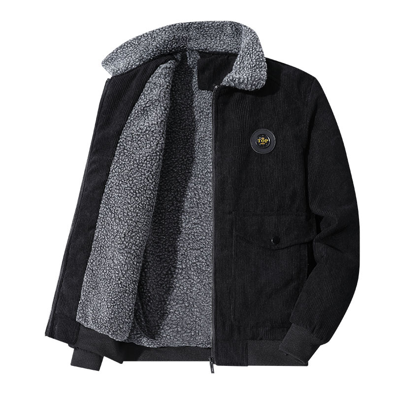 Chaqueta de pana para hombre con múltiples bolsillos, estilo vintage de ropa de trabajo, forro polar de invierno, lana de cordero engrosada, corte holgado, cuello vuelto, abrigo de algodón, transfronterizo.