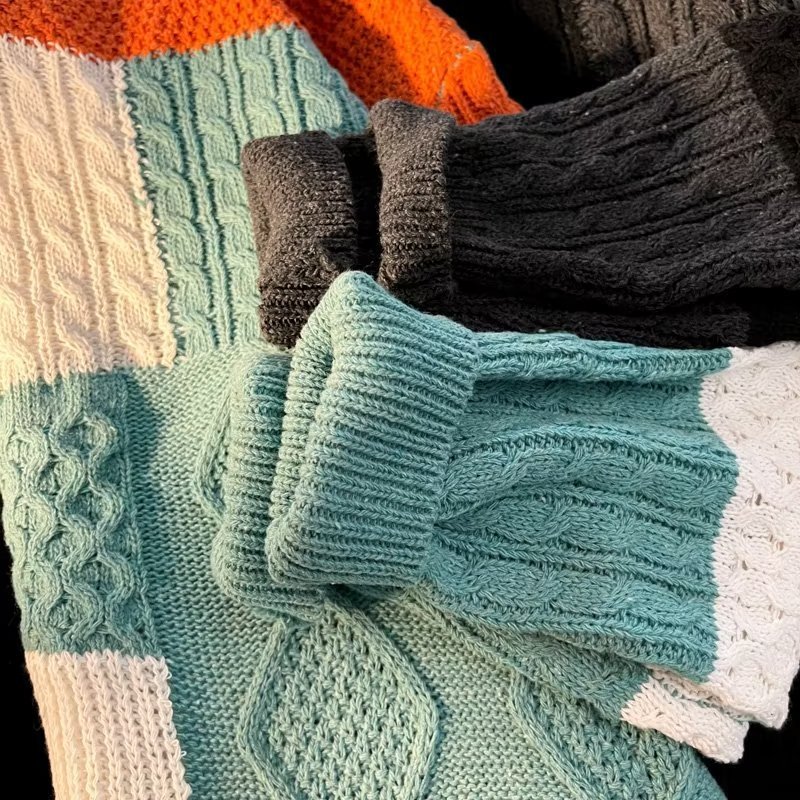 Men's Clothing trend stitching contrast color twisted sweater men's trendy loose high end round neck knitted sweater _voghion.com