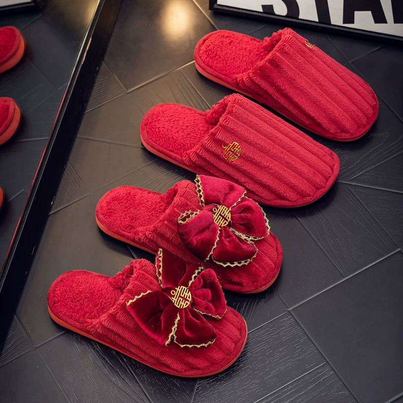 Осенне-Зимние Свадебные хлопковые тапочки Свадебная пара Праздничная большая красная пара жениха и невесты Домашнее сопровождение Легкая роскошь