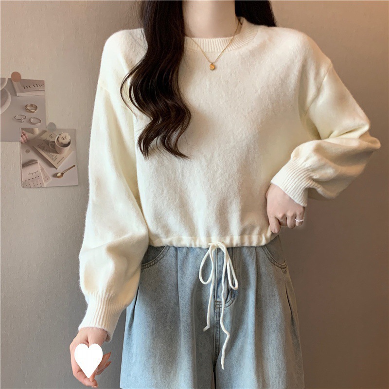 Coreano de color sólido simple perezoso estilo pequeño suéter de moda de otoño y invierno de cuello redondo cuerdas sueltas jersey de tendencia image 7