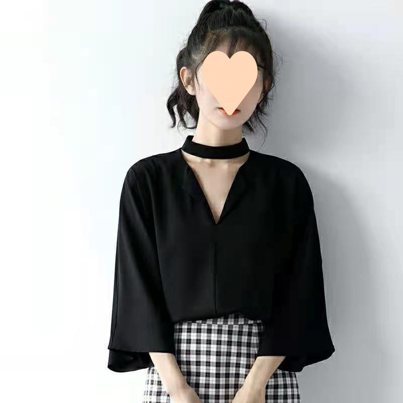 2025 春夏の新黒七分袖シャツ女性のファッショナブルなスタイルの繊細なデザイン襟ホルタートップ|undefined
