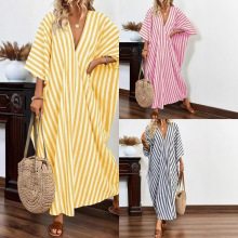 跨境亚马逊2025欧美夏季新款时尚宽松休闲V领条纹长款连衣裙