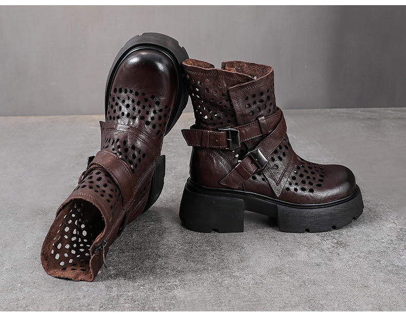 Boot Martin nữ da bò đế dày gót thô họa tiết hoa văn rỗng thoáng khí — Màu nâu chi tiết 11