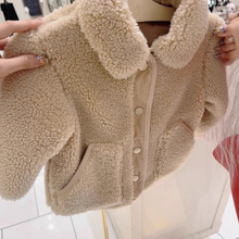 法单秋冬新款女大童排扣纯色羊羔绒保暖毛绒厚外套