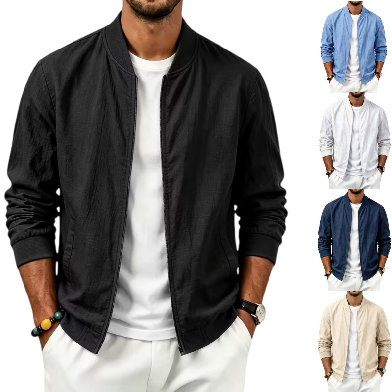 Spring and Autumn Men's Linen Washed Wrinkle Texture Baseball Collar Jacket, Lightweight Pleated Zipper Casual Men's Coat