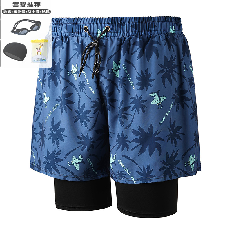 Blue leaves 001-2 men's swimming trunks three-piece set