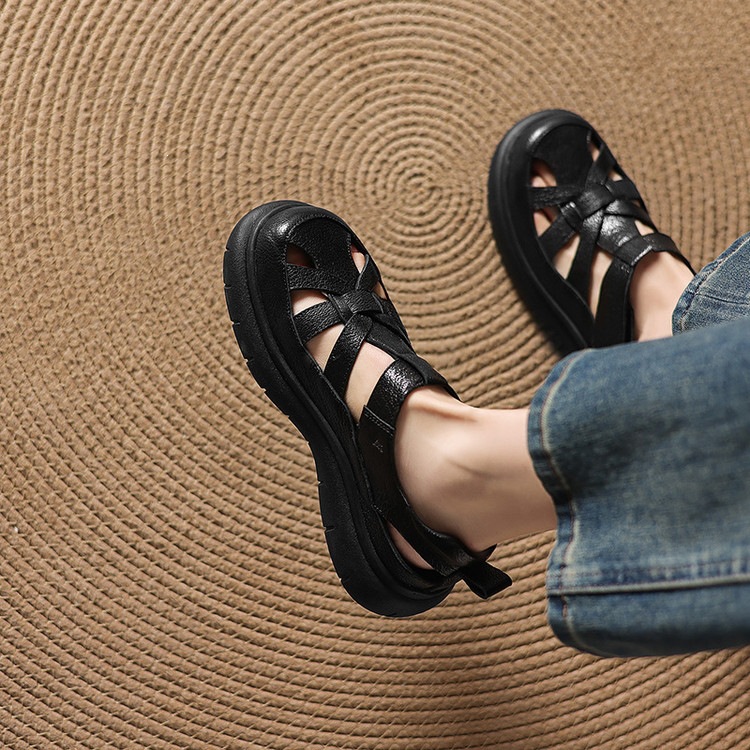Sandal nữ đế dày da cừu phối quai ngang phong cách học đường — màu đen, màu trắng ngà chi tiết 58